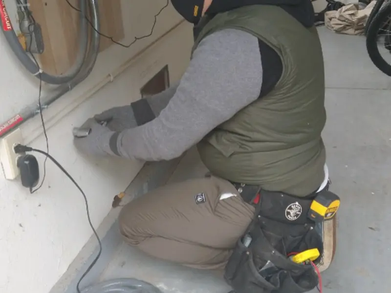 Electrician performing outlet wiring in a Marcy garage